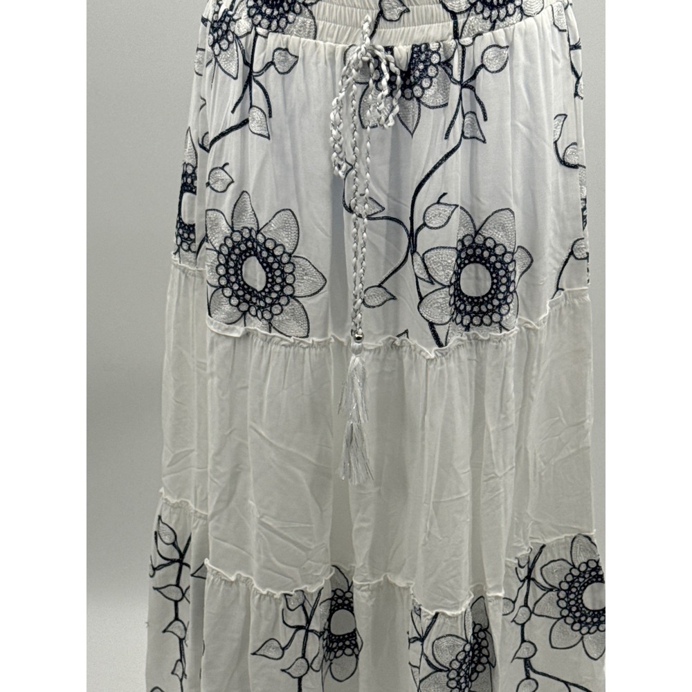 Mermaid Fashion Womens White Navy Blue Floral Embroidered Tiered Maxi Skirt M - Picture 3 of 9